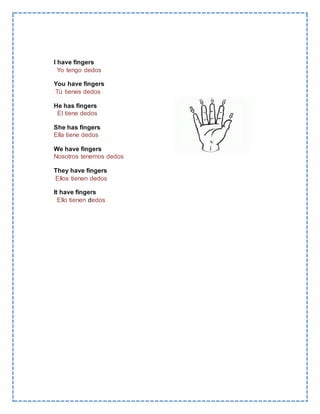 I have fingers
Yo tengo dedos
You have fingers
Tú tienes dedos
He has fingers
El tiene dedos
She has fingers
Ella tiene dedos
We have fingers
Nosotros tenemos dedos
They have fingers
Ellos tienen dedos
It have fingers
Ello tienen dedos
 