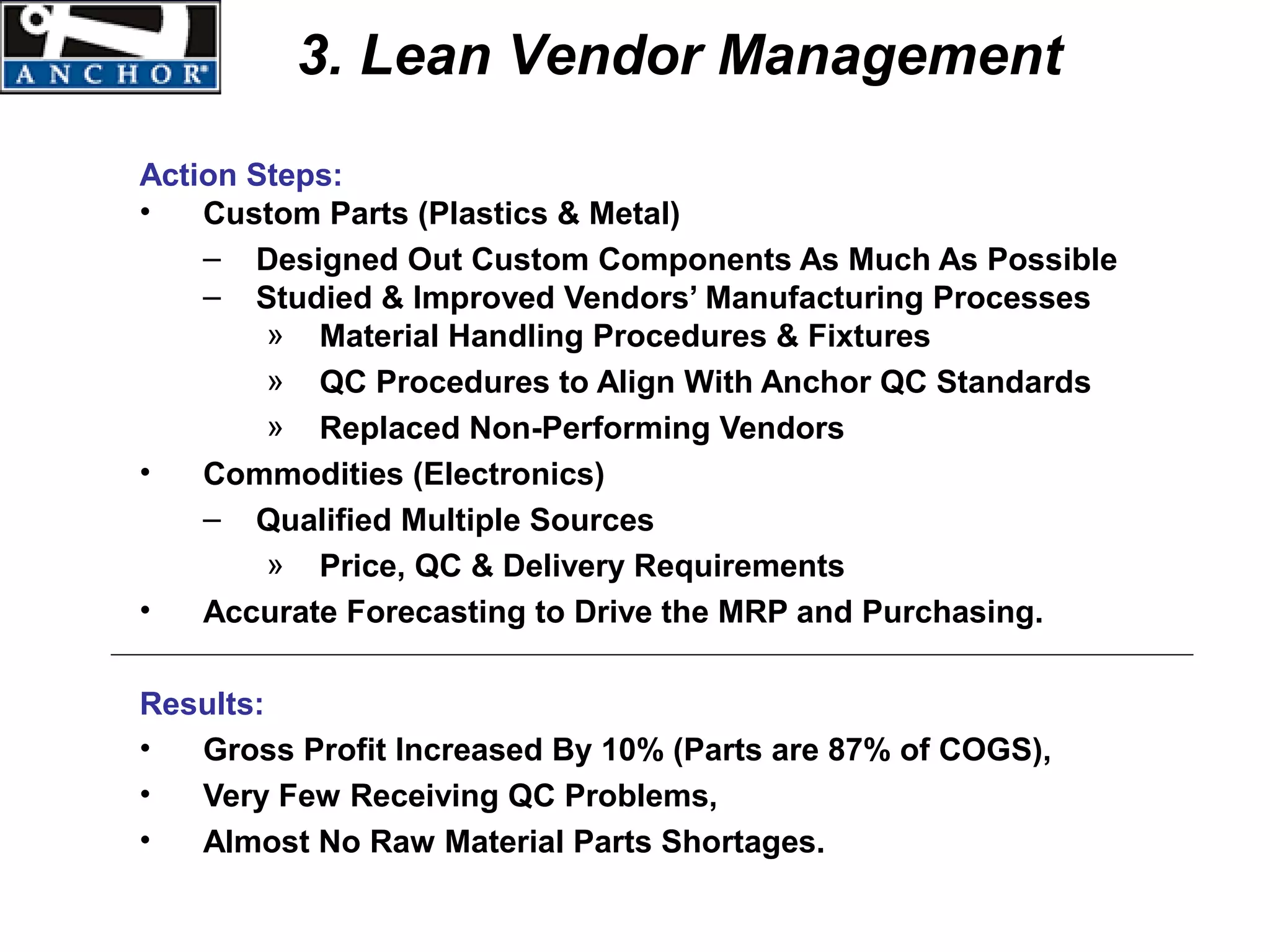3. Lean Vendor Management
Action Steps:
•   Custom Parts (Plastics & Metal)
    – Designed Out Custom Components As Much As Possible
    – Studied & Improved Vendors’ Manufacturing Processes
        » Material Handling Procedures & Fixtures
        » QC Procedures to Align With Anchor QC Standards
        » Replaced Non-Performing Vendors
•   Commodities (Electronics)
    – Qualified Multiple Sources
        » Price, QC & Delivery Requirements
•   Accurate Forecasting to Drive the MRP and Purchasing.

Results:
•  Gross Profit Increased By 10% (Parts are 87% of COGS),
•  Very Few Receiving QC Problems,
•  Almost No Raw Material Parts Shortages.
 
