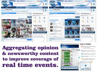 Aggregating opinion
& newsworthy content
to improve coverage of
real time events.
 