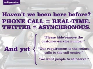 a digression




                  “Please hide/remove the
                 customer-service number.”

And yet        “Our requirement is the reduce
                  calls to the call-centre.”
               “We want people to self-serve.”
 