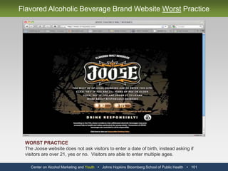 The top 10 beer and distilled spirits brands on Facebook have accumulated 8.3 million fans.  This is more than the population of 39 U.S. states.Fans of the top 10 beer and distilled spirits brands on Facebook are worth an estimated $30 million dollars to these brands annually.This does not account for the effect of thousands of user-generated, brand-oriented pages, groups, and events on Facebook which have no age restrictions.In January of 2011, 10 other alcohol brands, selected on the basis of youth appeal, posted 158 times to their Facebook walls.  These posts generated 98,305 “likes” and 25,952 comments.These 10 alcohol brands have uploaded a total of 14,760 photos and 363 videos to their Facebook pages.Fans of these alcohol brands have uploaded 8,514 photos and 55 videos to the brand Facebook pages.Center on Alcohol Marketing and Youth   Johns Hopkins Bloomberg School of Public Health   89Proliferation of Brand Followers and Content on Facebook35,603,160 (23.9%) of Facebook’s 148,867,700 users in the United States are between 13 and 20 years old.According to Consumer Reports, of the 20 million minors who actively used Facebook in the past year, 7.5 million – or more than one-third – were younger than 13 and not supposed to be able to use the site.