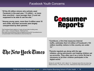 Center on Alcohol Marketing and Youth   Johns Hopkins Bloomberg School of Public Health   6Emerging Trend: Alcohol Brands Shifting to Social MediaOver the next one to two years, it is believed that Bacardi will shift up to "90%" of its digital spend to Facebook as it no longer deems dotcom sites relevant.  (Marketing Magazine, 2011)Photo Credit – Brand Photo on Bacardi Facebook Page
