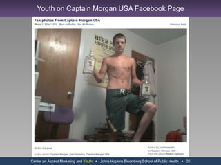 RESULTSLifetime drinking had a significant difference on social network, F(1, 196) = 5.25, p<.05, (average of 3.87 for ever users [n = 99] versus 3.46 for never users [n = 96]).  Finally, lifetime drinking had a significant difference on listen to/download music, F(1, 196) = 4.66, p<.05, (average of 4.12 for ever users [n = 99] versus 3.84 for never users [n = 97]) and drinking in the past month also had a significant difference on this variable, F(1, 191) = 5.98, p<.05 (average of 4.23 for past month drinkers [n = 64] versus 3.86 for those who did not drink in the past month [n = 133]).DISCUSSIONLifetime drinkers social networked more frequently than never drinkers.Lifetime drinking and past month drinking was related to greater frequency of listening to/downloading music.Epstein, JA.  (2011, May)  Adolescent computer use and alcohol use: What are the role of quantity and content of computer use?  Addictive Behaviors, 36(5), 520-522.doi:10.1016/j.addbeh.2011.01.001Center on Alcohol Marketing and Youth   Johns Hopkins Bloomberg School of Public Health   13Adolescent Computer Use Linked to Drinking