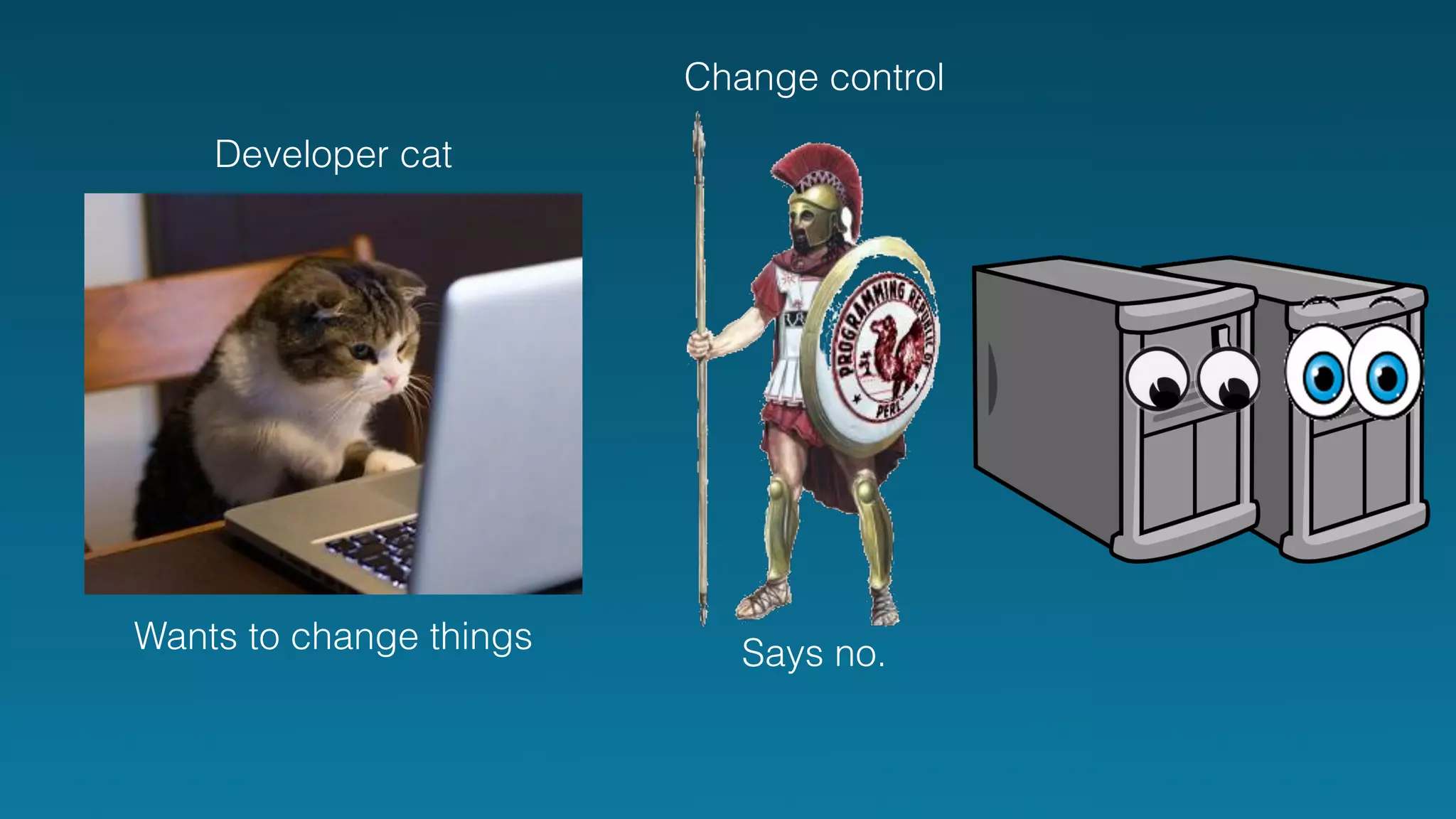 Developer cat 
Wants to change things 
Change control 
Says no. 
 