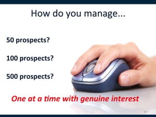 How	
  do	
  you	
  manage...	
  

50	
  prospects?	
  
	
  
100	
  prospects?	
  
	
  
500	
  prospects? 	
  	
  

  One	
  at	
  a	
  .me	
  with	
  genuine	
  interest	
  
                                                             14	
  
 