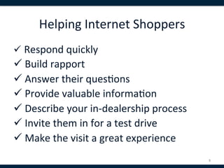 Helping	
  Internet	
  Shoppers	
  
ü 	
  Respond	
  quickly	
  	
  
ü 	
  Build	
  rapport	
  	
  
ü 	
  Answer	
  their	
  ques,ons	
  
ü 	
  Provide	
  valuable	
  informa,on	
  
ü 	
  Describe	
  your	
  in-­‐dealership	
  process	
  
ü 	
  Invite	
  them	
  in	
  for	
  a	
  test	
  drive	
  
ü 	
  Make	
  the	
  visit	
  a	
  great	
  experience	
  
                                                               8	
  
 