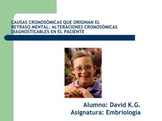 CAUSAS CROMOSÓMICAS QUE ORIGINAN EL RETRASO MENTAL: ALTERACIONES CROMOSÓMICAS DIAGNOSTICABLES EN EL PACIENTE Alumno: David K.G. Asignatura: Embriología 