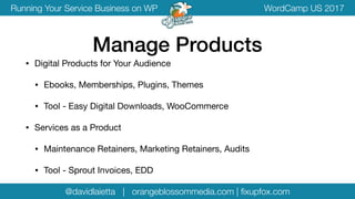 @davidlaietta | orangeblossommedia.com | ﬁxupfox.com
WordCamp US 2017Running Your Service Business on WP
• Digital Products for Your Audience

• Ebooks, Memberships, Plugins, Themes

• Tool - Easy Digital Downloads, WooCommerce

• Services as a Product

• Maintenance Retainers, Marketing Retainers, Audits

• Tool - Sprout Invoices, EDD
Manage Products
 