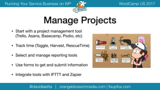 @davidlaietta | orangeblossommedia.com | ﬁxupfox.com
WordCamp US 2017Running Your Service Business on WP
• Start with a project management tool 
(Trello, Asana, Basecamp, Podio, etc)

• Track time (Toggle, Harvest, RescueTime)

• Select and manage reporting tools

• Use forms to get and submit information

• Integrate tools with IFTTT and Zapier
Manage Projects
 