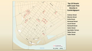 M
em
orial
Brookline
M
assachusetts
M
agazine
Brookline
Putnam
Albany
River
Waverly
Erie
Central
Henry
W
averly
River
Em
ily
Tudor
Andrew
Laurel
Salem
Rockw
ell
Kenwood
Talbot
Speridakis
Blanche
°0 250 500 750 1,000125
Feet
N
Charles River
Top 10 Streets with the
Least Dense Tree Coverage
Andrew Street
Blanche Street
Emily Street
Kenwood Street
Laurel Street
Rockwell Street
Salem Street
Speridakis Terrace
Talbot Street
Tudor Street
Top 10 Streets
with Least Tree
Density in
Cambridgeport
 