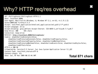 Why? HTTP req/res overhead
GET /PollingStock//PollingStock HTTP/1.1
Host: localhost:8080
User-Agent: Mozilla/5.0 (Windows; U; Windows NT 5.1; en-US; rv:1.9.1.5)
Gecko/20091102 Firefox/3.5.5
Accept: text/html,application/xhtml+xml,application/xml;q=0.9,*/*;q=0.8
Accept-Language: en-us
Accept-Encoding: gzip,deflate Accept-Charset: ISO-8859-1,utf-8;q=0.7,*;q=0.7
Keep-Alive: 300	     691 chars
Connection: keep-alive
Referer: http://localhost:8080/PollingStock/
Cookie: showInheritedConstant=false;
    showInheritedProtectedConstant=false; showInheritedProperty=false;
    showInheritedProtectedProperty=false; showInheritedMethod=false;
    showInheritedProtectedMethod=false; showInheritedEvent=false; showInheritedStyle=false;
    showInheritedEffect=false
HTTP/1.x 200 OK
X-Powered-By: Servlet/2.5 Server: Sun Java System Application Server 9.1_02
Content-Type: text/html;charset=UTF-8
Content-Length: 321
Date: Sat, 07 Nov 2009 00:32:46 GMT
                                                                       Total 871 chars
                                                                            (example from Kaazing)


                                                                                      10
 