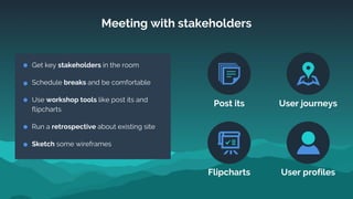 Meeting with stakeholders
Get key stakeholders in the room
Schedule breaks and be comfortable
Use workshop tools like post...