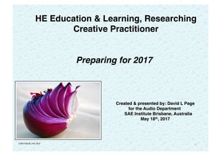 1
HE Education & Learning, Researching
Creative Practitioner
Preparing for 2017
V:20170518_v19..DLP
Created & presented by: David L Page
for the Audio Department
SAE Institute Brisbane, Australia
May 18th, 2017
 