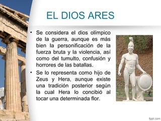 EL DIOS ARES
• Se considera el dios olímpico
  de la guerra, aunque es más
  bien la personificación de la
  fuerza bruta y la violencia, así
  como del tumulto, confusión y
  horrores de las batallas.
• Se lo representa como hijo de
  Zeus y Hera, aunque existe
  una tradición posterior según
  la cual Hera lo concibió al
  tocar una determinada flor.
 