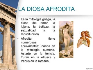 LA DIOSA AFRODITA
• Es la mitología griega, la
  diosa del amor, la
  lujuria, la belleza, la
  sexualidad       y       la
  reproducción.
• Afrodita             tiene
  numerosas
  equivalentes: Inanna en
  la mitología sumeria,
  Astarté en la fenicia,
  Turan en la etrusca y
  Venus en la romana.
 