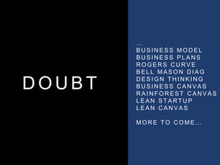 D O U B T
…
B U S I N E S S M O D E L
B U S I N E S S P L A N S
R O G E R S C U R V E
B E L L M A S O N D I A G
D E S I G N T H I N K I N G
B U S I N E S S C A N V A S
R A I N F O R E S T C A N V A S
L E A N S T A R T U P
L E A N C A N V A S
M O R E T O C O M E …