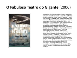 O Fabuloso Teatro do Gigante (2006)
                   Um dia dois forasteiros chegam à aldeia de Lagares,
                   isolada no meio das serras, lá nos confins do Minho.
                   Um dos forasteiros era de estatura colossal, a quem
                   logo chamam o Gigante, mas que na realidade tem
                   por nome Thomas, o outro era Eunice, uma mulher
                   pequena de cabelos cor de fogo que dentro em
                   breve daria à luz dois gémeos. Ele, originário de um
                   incerto país latino-americano, é um grande
                   contador de histórias tão verdadeiras quanto
                   inesgotáveis e que fazem as delícias dos habitantes
                   de Lagares. Um dia, porém, o Gigante adormece e o
                   seu sono prolonga-se por meses, anos, mas
                   continua a contar as histórias com que vai
                   sonhando. Nessa espera interminável, Eunice
                   decide anotar por escrito tudo o que sonha aquele
                   homem que ama e que tanto a fascina. E será a
                   partir daí que as coisas seguirão um novo e
                   extraordinário curso, mudando para sempre a vida
                   daquela gente. Este é o primeiro romance de David
                   Machado, uma obra inovadora, que abre caminho a
                   um novo imaginário no espaço da literatura
                   portuguesa. Depois de A Noite dos Animais
                   Inventados, Prémio Branquinho da Fonseca 2005,
                   este é o primeiro romance para adultos de David
                   Machado.
 