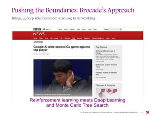 Pushing the Boundaries: Brocade’s Approach
Bringing deep reinforcement learning to networking
Reinforcement learning meets Deep Learning
and Monte Carlo Tree Search
© 2016 BROCADE COMMUNICATIONS SYSTEMS, INC. COMPANY PROPRIETARY INFORMATION 17
 