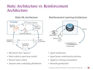 Static Architecture vs. Reinforcement
Architecture
• ML doesn’t have “agency”
• Hard-coded or open loop control
• Doesn’t learn control
• Assumes static underlying distribution
Static ML Architecture Reinforcement Learning Architecture
• Agent architecture
• Agent learns control/action selection
• Adapts to evolving environment
• Network gamification
Knowledge Human Decision
Intent
Language
Automatic Decision
Machine
Learning
SDN
Controller
Forwarding
Elements
Analytics
Platform
Reward
Observation
Environment
Action
© 2016 BROCADE COMMUNICATIONS SYSTEMS, INC. COMPANY PROPRIETARY INFORMATION 18
 