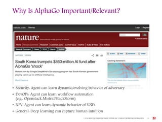 Why Is AlphaGo Important/Relevant?
• Security: Agent can learn dynamic/evolving behavior of adversary
• DevOPs: Agent can learn workflow automation
(e.g., Openstack Mistral/StackStorm)
• NFV: Agent can learn dynamic behavior of VNFs
• General: Deep learning can capture human intuition
© 2016 BROCADE COMMUNICATIONS SYSTEMS, INC. COMPANY PROPRIETARY INFORMATION 21
 