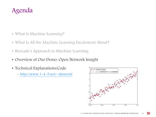 Agenda
• What Is Machine Learning?
• What Is All the Machine Learning Excitement About?
• Brocade’s Approach to Machine Learning
• Overview of Our Demo: Open Network Insight
• Technical Explanations/Code
– http://www.1-4-5.net/~dmm/ml
© 2016 BROCADE COMMUNICATIONS SYSTEMS, INC. COMPANY PROPRIETARY INFORMATION 26
 