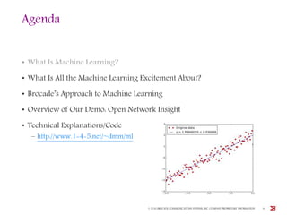 Agenda
• What Is Machine Learning?
• What Is All the Machine Learning Excitement About?
• Brocade’s Approach to Machine Learning
• Overview of Our Demo: Open Network Insight
• Technical Explanations/Code
– http://www.1-4-5.net/~dmm/ml
© 2016 BROCADE COMMUNICATIONS SYSTEMS, INC. COMPANY PROPRIETARY INFORMATION 8
 