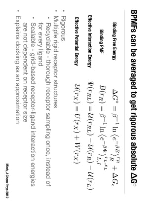 BPMFs can be averaged to get rigorous absolute ΔG○
• Rigorous

• Multiple rigid receptor structures

• Recyclable - thorough receptor sampling once, instead of
for every ligand

• Scalable - grid-based receptor-ligand interaction energies
are not dependent on receptor size

• Explains docking as an approximation
Minh, J Chem Phys 2012
G = 1
ln
⌦
e B
↵rR
R
+ G✏
B(rR) = 1
ln
⌦
e
↵rL,✏L
L,I
U(rX) = U(rX) + W(rX )
(rRL) = U(rRL) U(rR) U(rL)
Binding Free Energy
Binding PMF
Effective Potential Energy
Effective Interaction Energy
 