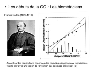 Les débuts de la GQ : Les biométriciens Francis Galton (1822-1911) Accent sur les distributions continues des caractères (opposé aux mendéliens) va de pair avec une vision de l’évolution par décalage progressif (id) portrait 