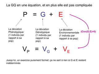 La GQ en une équation, et en plus elle est pas compliquée P  =  G   +  E La déviation Phénotypique (1 individu par rapport à sa pop) La déviation Génotypique (1 individu par rapport à sa pop) La déviation Environnementale (1 individu par rapport à sa pop) Jusqu’ici, un exercice purement formel; ça ne sert à rien si G et E restent indéterminés V P   =  V G   +  V E (Cov(G,E)=0) 