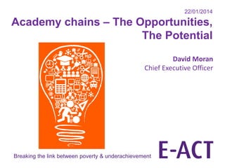 Breaking the link between poverty & underachievement
22/01/2014
Academy chains – The Opportunities,
The Potential
David Moran
Chief Executive Officer
 
