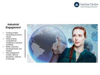 Industrial
Engagement
• Funding models
demanding economic
impact
• Using existing
computational
modelling in industrial
workflows
• Better outcomes,
developed faster and
cheaper
• New engagement
models, delivery
disciplines, cadence
& language
 