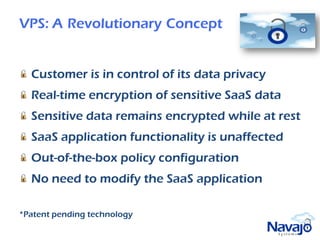 VPS: A Revolutionary Concept


  Customer is in control of its data privacy
  Real-time encryption of sensitive SaaS data
  Sensitive data remains encrypted while at rest
  SaaS application functionality is unaffected
  Out-of-the-box policy configuration
  No need to modify the SaaS application

*Patent pending technology
 
