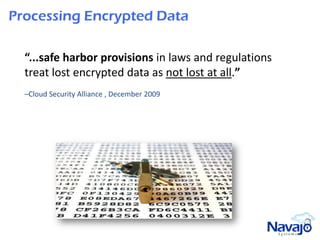 Processing Encrypted Data

  “...safe harbor provisions in laws and regulations
  treat lost encrypted data as not lost at all.”
  –Cloud Security Alliance , December 2009
 