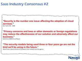 Saas Industry Consensus #2



 “Security is the number one issue affecting the adoption of cloud
 services.”
 Dan Yachin IDC - 2008



 “Privacy concerns and laws or other domestic or foreign regulations
 may reduce the effectiveness of our solution and adversely affect our
 business.”
 SalesForce 2008 Annual Report



 “The security models being used three or four years go are not the
 kind we'll be using in the future.”
 Steve Purser, deputy director of European Union network security agency
 