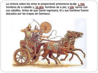 La victoria sobre los sirios le proporcionó prisioneros  (v.4):   hombres de a caballo y,  hombres de a pie; y  carros con sus caballos. Antes de que David regresara, él y sus hombres fueron atacados por las tropas de Damasco.  1,700   20,000 100   