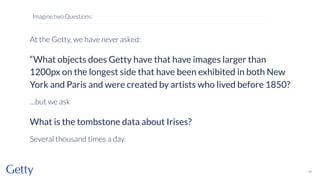 At the Getty, we have never asked:
“What objects does Getty have that have images larger than
1200px on the longest side that have been exhibited in both New
York and Paris and were created by artists who lived before 1850?
…but we ask
What is the tombstone data about Irises?
Several thousand times a day.
17
Imagine two Questions:
 
