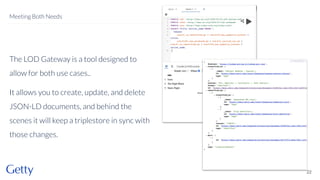 The LOD Gateway is a tool designed to
allow for both use cases..
It allows you to create, update, and delete
JSON-LD documents, and behind the
scenes it will keep a triplestore in sync with
those changes.
22
Meeting Both Needs
 