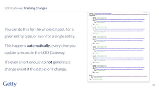 You can do this for the whole dataset, for a
given entity type, or even for a single entity.
This happens automatically, every time you
update a record in the LOD Gateway.
It’s even smart enough to not generate a
change event if the data didn’t change.
31
LOD Gateway: Tracking Changes
 