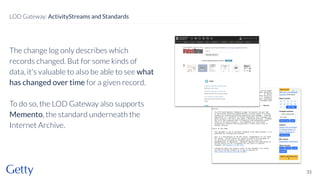 The change log only describes which
records changed. But for some kinds of
data, it's valuable to also be able to see what
has changed over time for a given record.
To do so, the LOD Gateway also supports
Memento, the standard underneath the
Internet Archive.
33
LOD Gateway: ActivityStreams and Standards
 