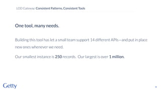 One tool, many needs.
Building this tool has let a small team support 14 different APIs—and put in place
new ones whenever we need.
Our smallest instance is 250 records. Our largest is over 1 million.
38
LOD Gateway: Consistent Patterns, Consistent Tools
 