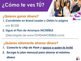 ¿Cómo te ves TÚ?
¿Quieres ganar dinero?
1. Conviértete en Brand Leader y Obtén tu página
por $5,250
2. Sigue el Plan de Arranque INCREÍBLE
(Descárgalo de www.TUVIDAINCREIBLE.com)
¿Quieres sólamente ahorrar dinero?
1. Conecta tu chip de Flash y apoya a quien te invitó
2. Escoge tu plan mensual para ahorrar el máximo
dinero
 