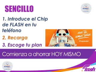1. Introduce el Chip
de FLASH en tu
teléfono
2. Recarga
3. Escoge tu plan
Comienza a ahorrar HOY MISMO
SENCILLO
 