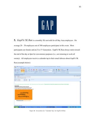   45	
  
5. GapFit 5K Run is a monthly 5K run/walk for all Bay Area employees. On
average 20 – 30 employees out of 300 employees participate in this event. Most
participants are female and are X or Y Generation. GapFit 5K Run always starts toward
the end of the day at 4pm for convenience purposes (i.e., not returning to work all
sweaty). All employees receive a calendar tap in their email inboxes about GapFit 5K
Run (example below):
Figure 6h. Screenshot of a “Calendar Tap” for GapFit 5K Run
 