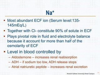 Na+
22
 Most abundant ECF ion (Serum level:135-
145mEq/L)
 Together with Cl- constitute 90% of solute in ECF
 Plays pivotal role in fluid and electrolyte balance
because it account for more than half of the
osmolarity of ECF
 Level in blood controlled by
– Aldosternone – increases renal reabsorption
– ADH – if sodium too low, ADH release stops
– Atrial natriuretic peptide – increases renal excretion
Nnamdi Azikiwe University Nnewi Campus
 