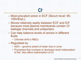 Cl-
30
– Most prevalent anion in ECF (Serum level: 95-
105mEq/L)
– Moves relatively easily between ECF and ICF
because most plasma membranes contain Cl-
leakage channels and antiporters
– Can help balance levels of anions in different
fluids
• Chloride shift in RBCs
– Regulated by
• ADH – governs extent of water loss in urine
• Processes that increase or decrease renal reabsorption
of Na+ also affect reabsorption of Cl-
Nnamdi Azikiwe University Nnewi Campus
 
