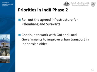 Priorities in IndII Phase 2Roll out the agreed infrastructure for Palembang and SurakartaContinue to work with GoI and Local Governments to improve urban transport in Indonesian cities