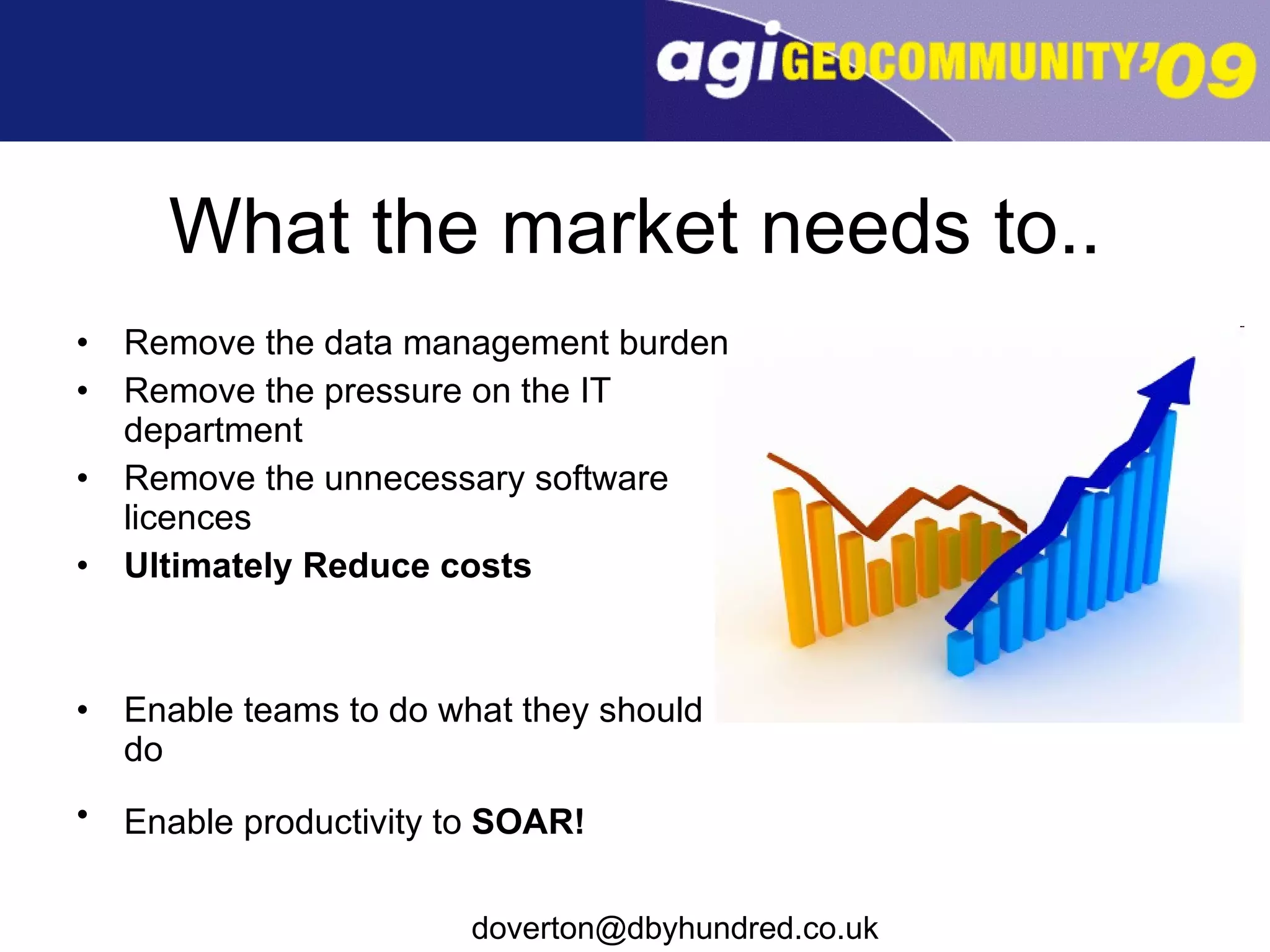 What the market needs to.. Remove the data management burden Remove the pressure on the IT department Remove the unnecessary software licences Ultimately Reduce costs Enable teams to do what they should do Enable productivity to  SOAR!   