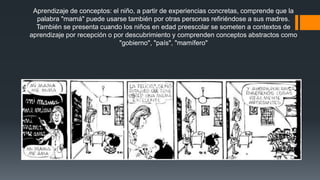 Aprendizaje de conceptos: el niño, a partir de experiencias concretas, comprende que la 
palabra "mamá" puede usarse también por otras personas refiriéndose a sus madres. 
También se presenta cuando los niños en edad preescolar se someten a contextos de 
aprendizaje por recepción o por descubrimiento y comprenden conceptos abstractos como 
"gobierno", "país", "mamífero" 
 