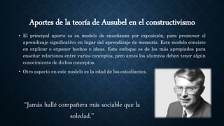 Aportes de la teoría de Ausubel en el constructivismo
• El principal aporte es su modelo de enseñanza por exposición, para promover el
aprendizaje significativo en lugar del aprendizaje de memoria. Este modelo consiste
en explicar o exponer hechos o ideas. Este enfoque es de los más apropiados para
enseñar relaciones entre varios conceptos, pero antes los alumnos deben tener algún
conocimiento de dichos conceptos.
• Otro aspecto en este modelo es la edad de los estudiantes.
“Jamás hallé compañera más sociable que la
soledad.”
 
