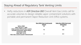 Staying Ahead of Regulatory Tank Venting Limits
• Hefty reductions in AER Directive-060 Overall Vent Gas Limits call for
accurate volumes to design reliable vapor containment solutions with
portable and permanent Vapor Reduction Unit (VRU) systems.
Site (OVG) Vent Limit/month
(E3m3)
Daily Site (OVG) Vent Limit
(E3m3/day)
Before 2020 24 0.8
After January 1, 2020
- Only includes DVG and Non-routine
- Excludes pneumatics, glycol dehys,
compressor seals
15 0.5
After 2021-12-31
- New sites cannot exceed 3 E3m3/month
3 0.1
 